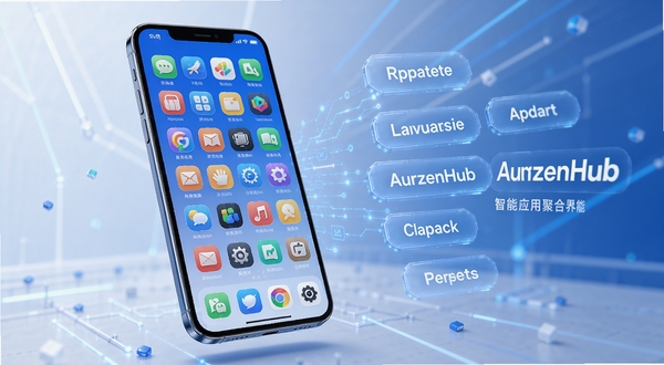 AurzenHub����Ӧ�þۺϹ��ܽ��棬��������Ϊ�ֻ���Ļ�����ڻ�������ƫ��λ�ã���Ļ��չʾ���в�ɫӦ��ͼ���������У��Ҳ౳�������а�͸���ķ����ǩƮ��������ɫ��������Ϊ�������Ƽ���ʮ�㣬�ʺ�չʾӦ�þۺ�����