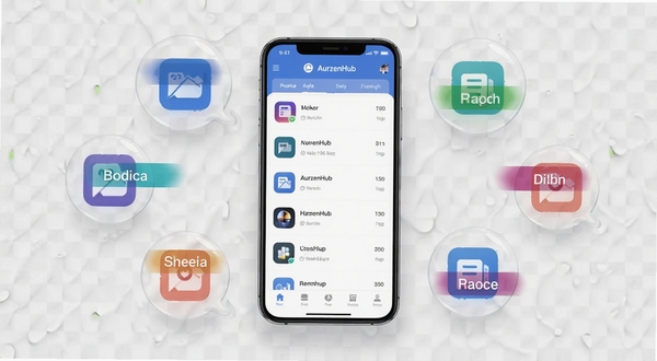 AurzenHubͬ��Ӧ���Ƽ��Ա�ʾ��ͼ����������Ϊ�ֻ���ĻչʾӦ���б����棬��Ļ��Χ���ƶ����͸����Ӧ��ͼ�����ݣ�ÿ�����ݴ��в�ͬ��ɫ��ǩ������Ϊǳ��ɫ�����������������Լ�����ʺ���Ϊ�Ƽ��б���ͼ
