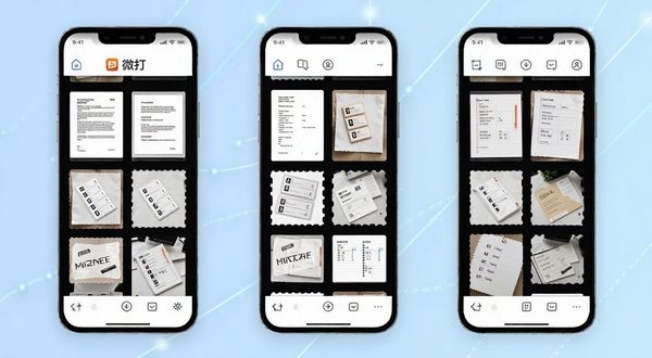 ΢��APP���ܽ����ͼ���չʾ�����Ű���ģ�����棬��Ļ����ʾ���ִ�ӡģ������ͼ�������ĵ�����ǩ�����Ȿ����Χ�м���UIԪ�غ�΢���ʶ������Ϊ����ɫ���䣬���ֿƼ�����ʵ����