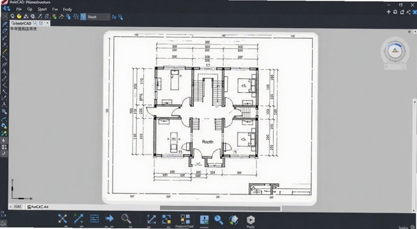 极速CAD手机看图软件主界面展示,画面中央为一张建筑平面CAD图纸,线条清晰,背景为浅灰色工作区,底部工具栏排列整齐,整体风格简洁专业,适配手机竖屏显示