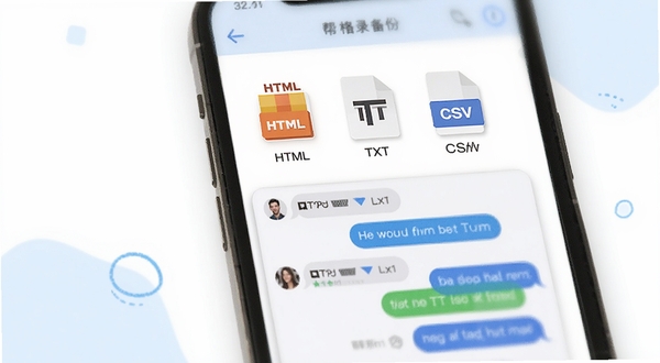 聊天记录备份帮多格式导出界面,画面中手机屏幕显示HTML、TXT、CSV三个文件格式图标并排排列,下方有预览窗口展示聊天气泡,背景为白色简约风格,带淡蓝色点缀