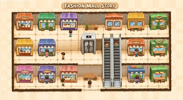 Fashion Mall Story ��Ϸ�е��̳�¥�㲼�ֽ��棬չʾ�����ͬ��ɫ�ĵ���ͼ��������¥��ƽ��ͼ�ϣ�����Ϊ��͵���ɫ���񣬻��������е�����������Ӹ��㣬ϸ�ڰ����˿�С���߶������������ܰ��Ӫ��Χ