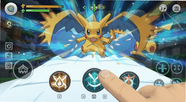 Pokémon Champions 移动端对战操作界面,手指点击技能按钮的特写画面,背景为宝可梦释放招式的特效动画,风格为动态游戏截图渲染,适配Boogu模型生成