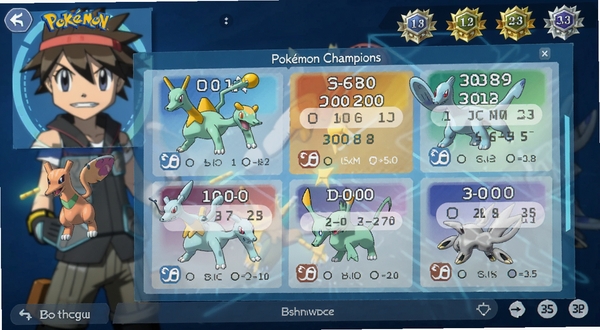 Pokémon Champions 队伍编辑界面特写,屏幕显示六只宝可梦的招式配置与属性面板,背景为训练家头像与段位徽章,风格为科技感UI设计,适配Boogu模型生成
