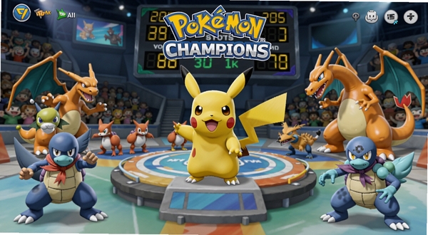 Pokémon Champions 官方对战平台主界面与宝可梦角色展示,画面中心为竞技场舞台,四周环绕皮卡丘、喷火龙、甲贺忍蛙等经典宝可梦,背景为电子计分板与观众席,风格为明亮卡通渲染,适配Boogu模型生成