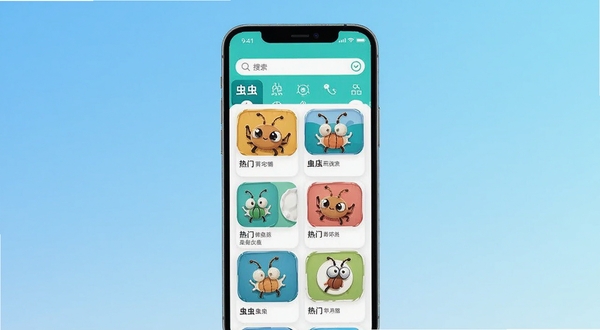 虫虫应用主界面展示,画面中央是手机屏幕,屏幕内呈现虫虫应用商店首页,顶部搜索栏清晰可见,下方排列热门应用图标卡片,背景为浅蓝色渐变,整体风格简洁清爽,适配Boogu模型生成