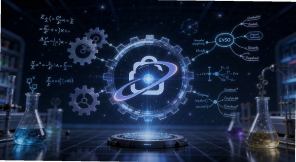 一个充满未来感的思维实验室场景,中央悬浮着发光的启思宇宙Logo,周围环绕着齿轮、公式、思维导图节点和实验烧瓶,背景是深蓝色星空与网格地面,整体呈现科技感与探索氛围,画面主体位于正中,背景虚化处理,适合作为软件启动页视觉图
