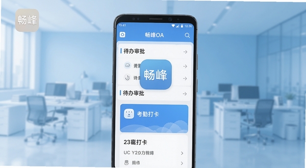 畅峰OA 移动办公界面展示,画面中心是一部竖屏安卓手机,屏幕内呈现待办审批列表与考勤打卡卡片,背景为浅蓝色渐变办公空间虚化效果,整体风格简洁商务,突出畅峰OA应用图标与主界面布局