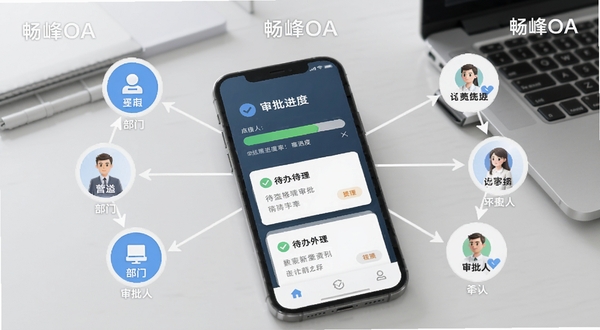 畅峰OA 移动审批流程图,画面中央为手机屏幕显示审批进度条与待办卡片,四周环绕圆形图标代表部门与审批人,背景为白色与淡灰办公桌面,风格清爽商务,画面中带有畅峰OA字样