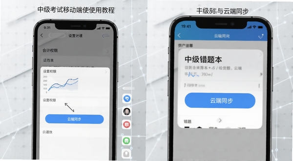 中级会计考试移动端使用教程示意图,画面分为左右两部分,左侧为手机设置权限界面截图示意,右侧为软件内错题本与云端同步按钮特写,背景为浅灰色科技网格纹理,整体风格清晰直观,便于新手理解操作步骤
