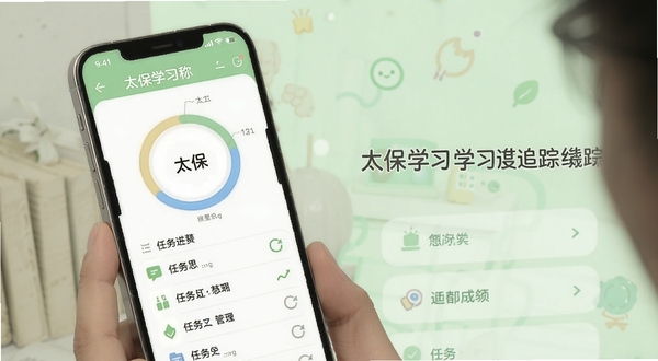 太保学习学习进度追踪界面,画面主体为手机屏幕展示环形进度图与任务清单列表,背景区域为淡绿色清新风格,包含太保学习名称,界面元素层次分明,适配Boogu模型生成