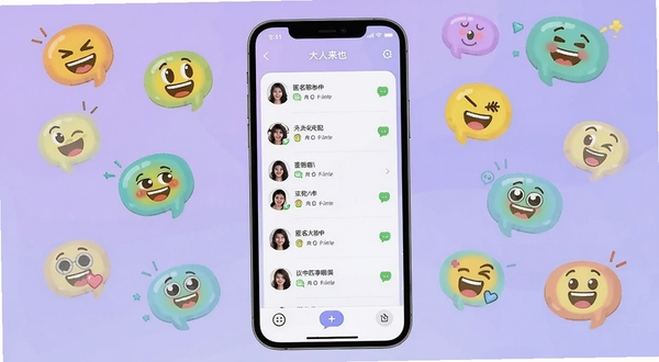 大人来也 软件主界面展示,手机屏幕中央显示匿名匹配聊天列表,背景为浅紫色渐变,四周散落卡通表情气泡,整体风格轻松活泼,适配Boogu模型生成