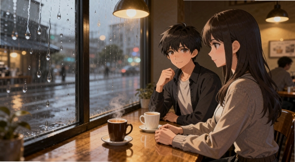 十日恋 游戏场景 雨天咖啡馆 男女主角对坐 桌上放着两杯热饮 窗外雨滴滑落 室内暖黄灯光 二次元视觉小说风格