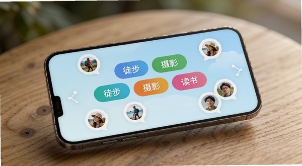 湖畔应用内兴趣圈层匹配界面,画面中央展示多个彩色兴趣标签如“徒步”“摄影”“读书”,标签周围环绕用户头像气泡,背景为淡蓝色渐变,手机界面悬浮在木纹桌面上,光线柔和,细节清晰