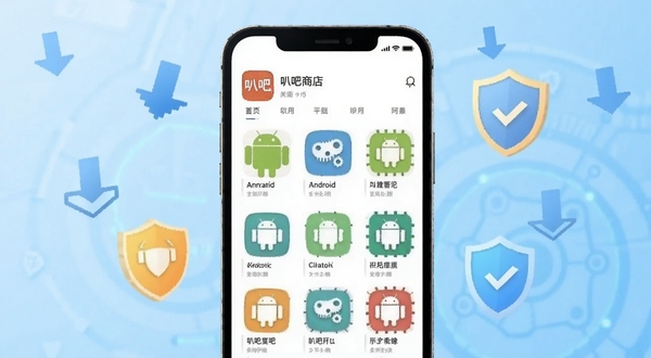 叭吧应用主界面展示,画面中央为手机屏幕模型,屏幕内显示叭吧应用商店首页,排列着各类安卓软件图标,背景为浅蓝色渐变科技风格,周围有悬浮的下载箭头和盾牌安全标识,整体明亮简洁,适配Boogu模型生成
