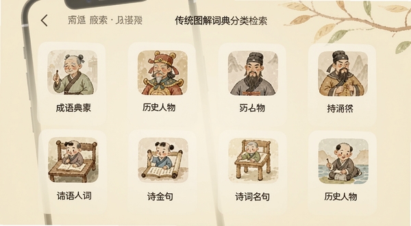 ��ͳͼ��ʵ����������棬����չʾ�ֻ���Ļ���������еĳ����ʡ���ʷ���ʫ������ȷ���ͼ�꣬ÿ��ͼ������С���廭������Ϊ����׻�ɫ��ͻ����������Ϣ�㼶���ݵļ�������