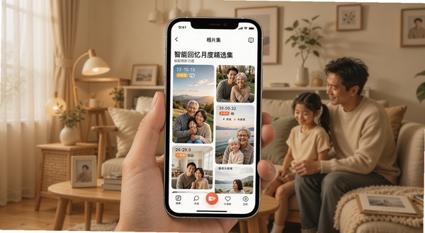 相片集最新版本界面展示,手机屏幕显示智能回忆月度精选集页面,画面中有多张照片拼贴和日期标签,背景为温馨家庭环境,突出相片集软件名称和更新功能