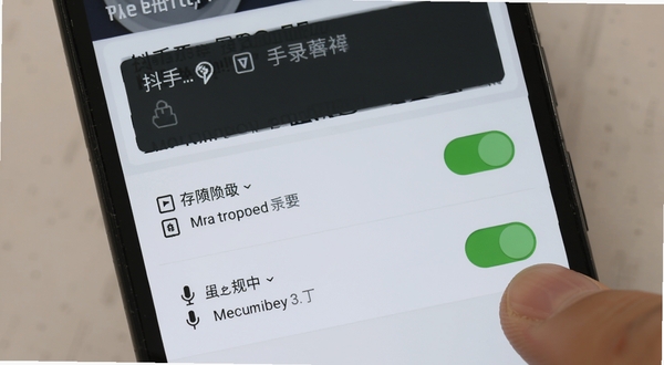 一部安卓手机显示抖手万能录屏的权限设置页面,悬浮窗权限、存储权限、麦克风权限三个开关呈开启状态,背景为浅色简洁界面,手指正在点击悬浮窗权限开关,画面清晰直观