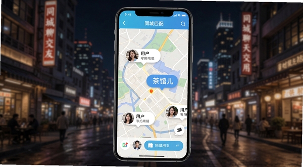 茶馆儿同城聊天交友软件的同城匹配功能界面,手机屏幕上显示地图与附近用户头像气泡,背景为城市夜景,画面明亮清晰,突出同城交友的便捷性