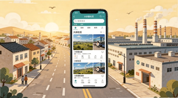 大织里应用界面全景展示,画面中央为手机屏幕显示大织里社区首页信息流,顶部搜索栏醒目,背景为织里城镇街景与工厂建筑群,整体色调温暖明亮,扁平化设计风格,细节清晰