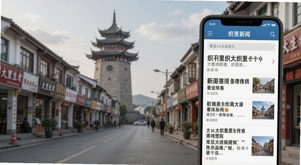大织里本地资讯页面展示图,手机屏幕中显示织里新闻列表,标题清晰醒目,背景为织里镇标志性建筑与街道,整体风格写实,光线柔和,突出资讯阅读的便捷性