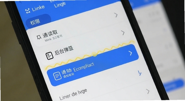 Lingke权限设置引导界面,手机屏幕显示权限列表,通知读取与后台弹出界面两项被高亮标注,背景为模糊的系统设置页面,整体色调为蓝白相间,突出操作指引