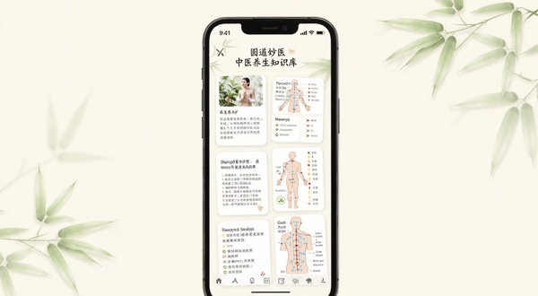 圆道妙医中医养生知识库界面截图风格,画面展示手机屏幕内排列整齐的养生文章卡片与穴位图解,背景为柔和米白色,点缀淡绿色竹叶,整体视觉清爽简洁