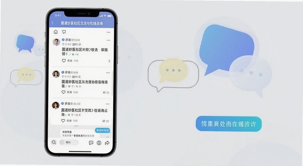 圆道妙医社区交流与在线咨询界面,手机屏幕内展示问答帖子列表与聊天气泡,背景为浅灰色简约风格,点缀抽象对话气泡图形