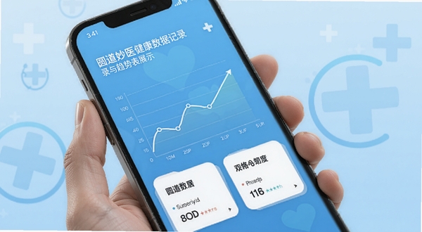 圆道妙医健康数据记录与趋势图表展示,手机屏幕内显示折线图与数据卡片,背景为浅蓝色渐变,点缀简约医疗十字图标,风格现代科技感
