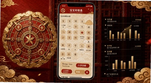 宝宝好名通 八字排盘 五行分析 手机界面 中国风 金色与红色配色 罗盘元素 数据可视化图表 Boogu模型生成