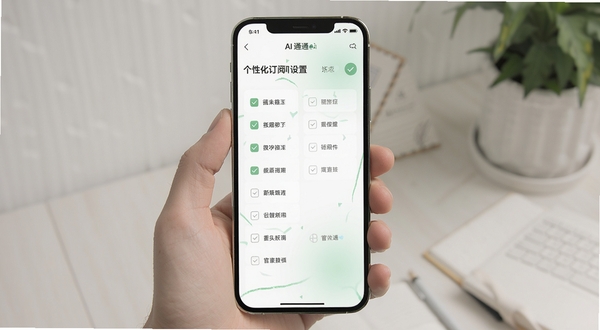 AI 通辽 个性化订阅设置页面,手机屏幕显示多个可勾选的兴趣标签,背景为淡雅白色与浅绿点缀,突出个性化与简洁