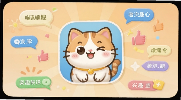 一款名为喵趣的安卓应用主界面展示,画面中央是圆润可爱的猫咪卡通图标,背景为柔和的浅橙色渐变,周围环绕着聊天气泡、点赞手势和兴趣标签等元素,整体风格清新活泼,适合作为软件介绍配图。