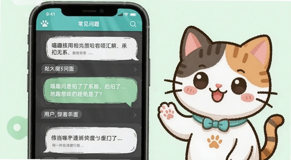 喵趣应用的用户问答界面示意图,画面左侧为手机屏幕,屏幕中显示常见问题列表与回答气泡,右侧有可爱的小猫客服形象,背景为淡绿色,整体风格亲切友好