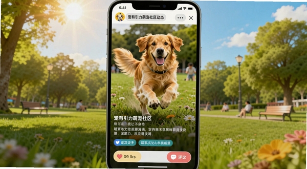宠有引力萌宠社区动态发布界面,手机屏幕显示一只金毛犬在草地上奔跑的照片配文字描述,下方有话题标签和点赞评论按钮,背景为阳光明媚的公园场景,画面色彩鲜艳,适配Boogu模型生成