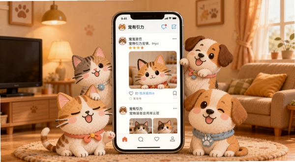 宠有引力社交互动应用主界面展示,画面中央是手机屏幕呈现萌宠社区动态信息流,周围环绕可爱的猫狗卡通形象,背景区域为暖色调的居家环境,整体风格温馨活泼,适配Boogu模型生成