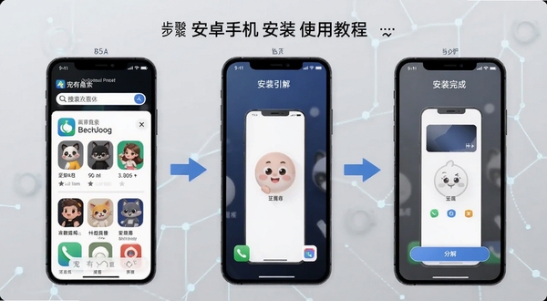 宠有引力安卓手机安装使用教程示意图,画面展示手机屏幕从应用商店搜索到安装完成的步骤分解,背景为浅灰色科技风格,图标清晰,适配Boogu模型生成