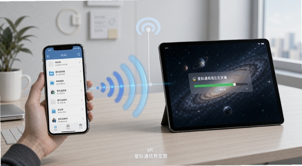 星际通信局域网互传场景,画面左侧为手机发送端显示文件列表,右侧为平板接收端显示接收进度,中间以无线信号波纹连接,背景为简约办公桌面,突出星际通信的极速传输特性,alt=