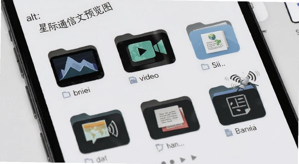 星际通信文件管理界面,画面展示手机屏幕中分类清晰的文件夹图标,包括图片、视频、文档等类别,背景为浅灰色极简风格,突出星际通信的文件归类功能,alt=