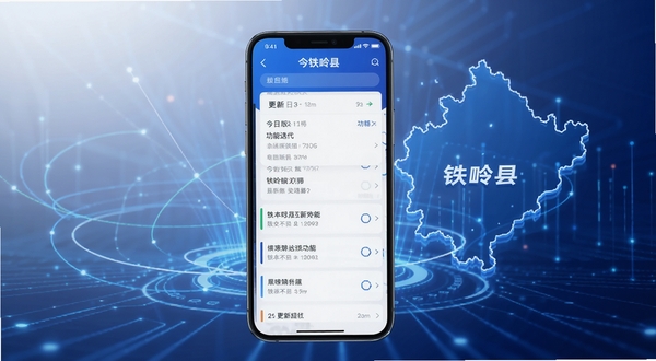 今日铁岭县APP版本更新界面AI生图,画面主体为手机屏幕显示更新日志列表,背景为抽象科技线条与铁岭县地图轮廓,色调以蓝色和白色为主,体现版本迭代与功能升级