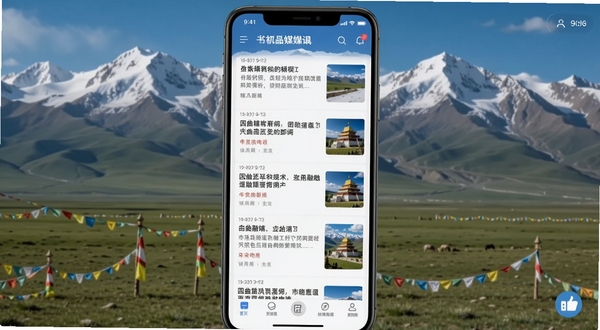 那曲融媒手机客户端主界面展示,屏幕中央清晰呈现新闻资讯瀑布流,背景为那曲草原与雪山风光,界面简洁大气,适配Boogu模型生成