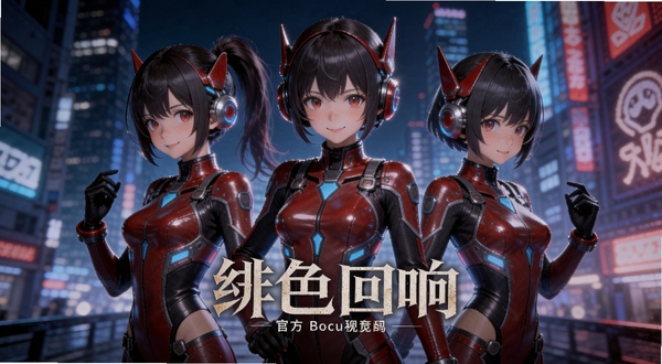 绯色回响官方宣传主视觉图,画面中央是三位身着未来风格战斗服的少女角色,背景是霓虹闪烁的都市夜景,整体色调以绯红与深蓝为主,人物细节精致,光影层次丰富,适配Boogu模型生成