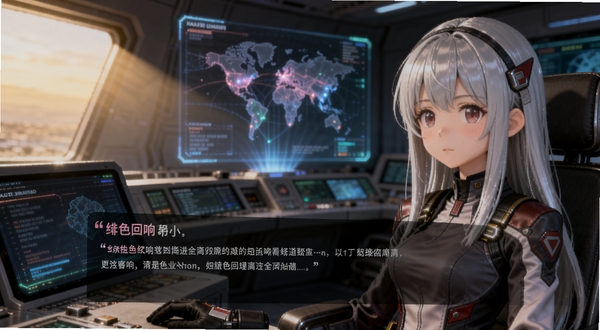 绯色回响剧情对话场景,画面左侧是玩家指挥官视角,右侧是拥有银色长发的少女角色,背景为科技感指挥室,屏幕上有全息投影地图,柔和光线从侧面打入,细节丰富适合Boogu模型生成