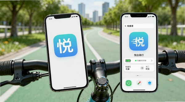 悦骑行软件图标与手机界面展示低功耗后台运行和轻量无广告体验,画面为手机放置在自行车把手上,背景为城市绿道,风格简约清新