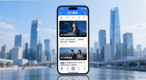整体画面以智能手机屏幕为中心,屏幕内展示金口融媒应用首页界面,包含新闻卡片、顶部导航栏和底部菜单按钮,背景区域为现代城市天际线虚化效果,色调以蓝白为主,光线明亮柔和,画面主体手机位于画面正中央,背景占据画面四周区域,适配Boogu模型生成,高清写实风格