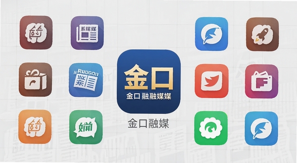 金口融媒与同类应用对比示意图,画面中央并列展示多个新闻应用图标,金口融媒图标位于正中间并略微放大,周围环绕其他应用图标,背景为浅灰色网格纹理,整体风格商务简约,高清矢量图风格