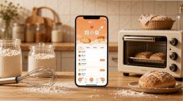 焙小二软件主界面与烘焙工具元素融合的全景展示图,画面中心为手机屏幕显示焙小二应用界面,背景区域为暖色调厨房台面,摆放面粉、打蛋器、烤箱等烘焙器具,整体风格温馨写实,适配Boogu模型生成
