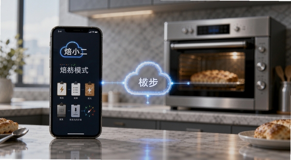 焙小二离线模式与数据同步功能示意图,画面为手机与云端图标连接,背景为厨房与烤箱,风格科技感与生活感结合