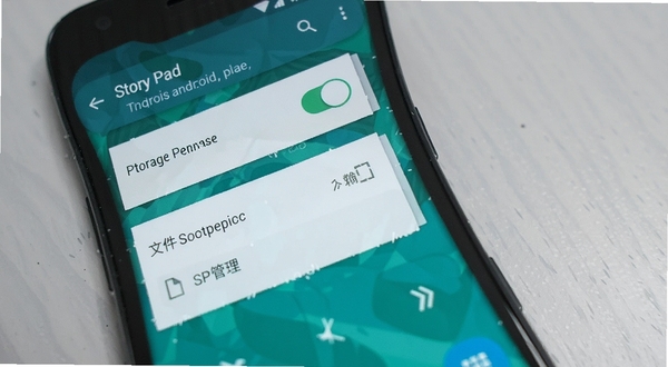 Story Pad 安卓端安装权限设置界面示意图,画面主体为手机屏幕特写,显示存储权限开关与文件管理选项,背景为浅灰色桌面