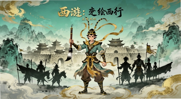 西游:笔绘西行 主界面全景 画面中央为手持毛笔的国风主角立于云端 背景是水墨风格的长安城与取经队伍剪影 整体色调青绿与金色交织 适配Boogu模型生成