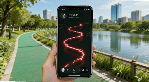 小狼星球行走轨迹记录功能展示图,画面主体为手机屏幕显示蜿蜒的红色轨迹线,背景为城市公园绿道与湖泊,风格写实明亮